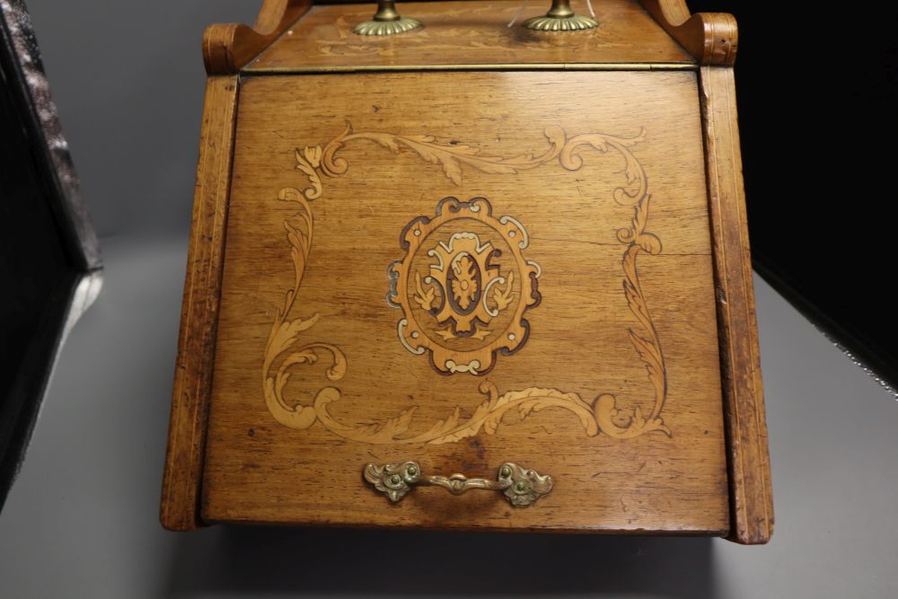 A Victorian rosewood and floral marquetry coal box, with brass mounted handle, depth 48cm